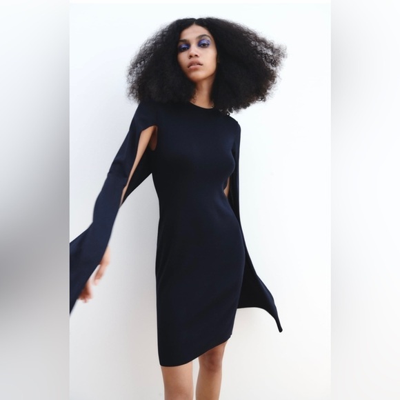 ZARA‎ New Navy Blue Elegant Round Neck Knit Cape Dress Slit Long Sleeves Size S - Picture 3 of 17